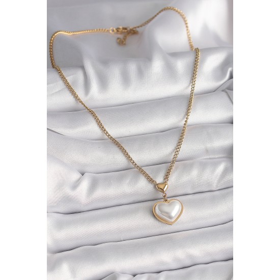 316L Çelik Gold Renk Zincir 3D İnci Kalp Model Kadın Kolye - TJ-BKO9770