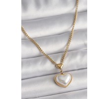 316L Çelik Gold Renk Zincir 3D İnci Kalp Model Kadın Kolye - TJ-BKO9770
