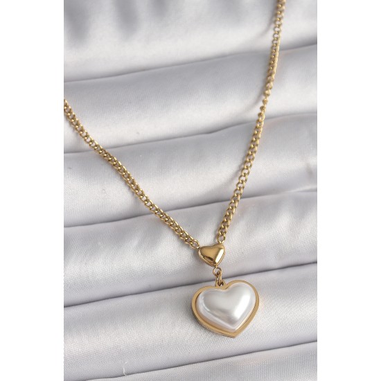 316L Çelik Gold Renk Zincir 3D İnci Kalp Model Kadın Kolye - TJ-BKO9770