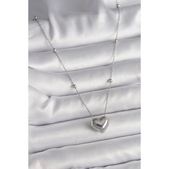 316L Çelik Gümüş Renk Topçuk Detay Zincir Kalp Model Kadın Kolye - TJ-BKO9773