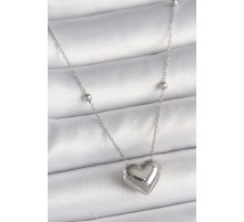 316L Çelik Gümüş Renk Topçuk Detay Zincir Kalp Model Kadın Kolye - TJ-BKO9773