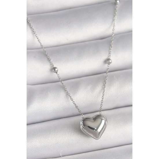316L Çelik Gümüş Renk Topçuk Detay Zincir Kalp Model Kadın Kolye - TJ-BKO9773