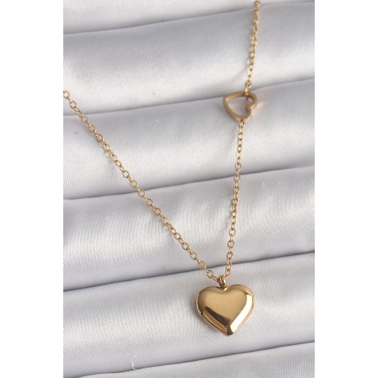 316L Çelik Gold Renk Zincir Kalp Detay Kalp Figür Kadın Kolye - TJ-BKO9774