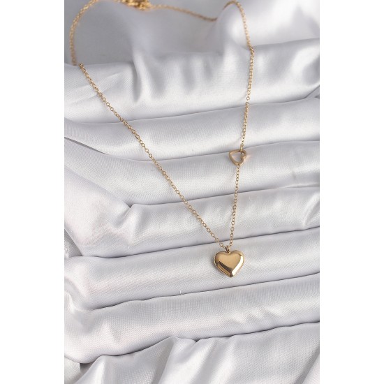 316L Çelik Gold Renk Zincir Kalp Detay Kalp Figür Kadın Kolye - TJ-BKO9774