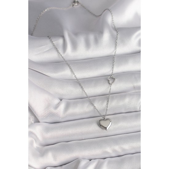 316L Çelik Gümüş Renk Zincir Kalp Detay Kalp Figür Kadın Kolye - TJ-BKO9775