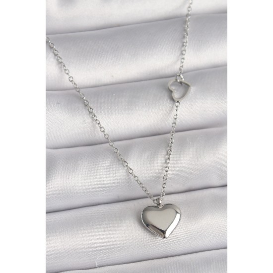 316L Çelik Gümüş Renk Zincir Kalp Detay Kalp Figür Kadın Kolye - TJ-BKO9775
