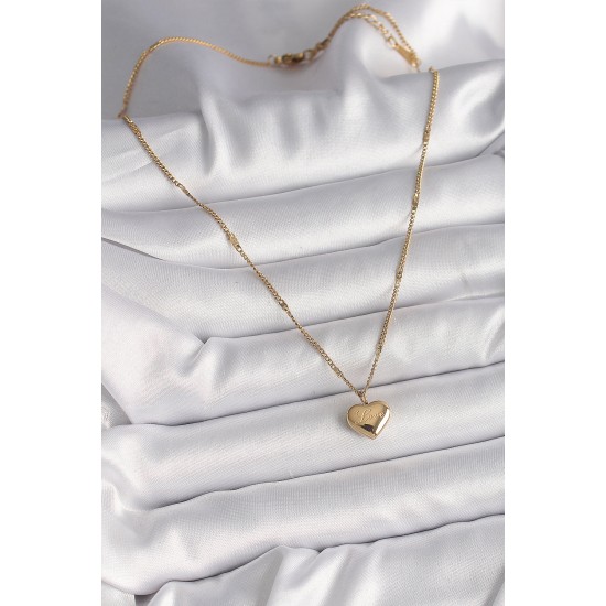 316L Çelik Gold Renk Zincir Love İşlemeli Kalp Figür Kadın Kolye - TJ-BKO9778