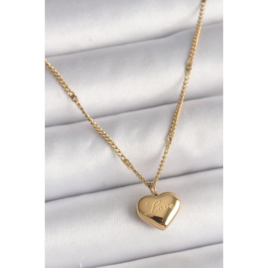 316L Çelik Gold Renk Zincir Love İşlemeli Kalp Figür Kadın Kolye - TJ-BKO9778