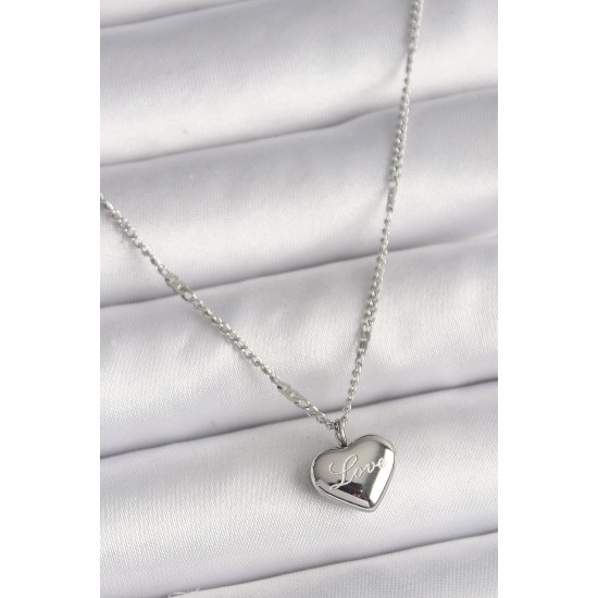 316L Çelik Gümüş Renk Zincir Love İşleme Kalp Figür Kadın Kolye - TJ-BKO9779