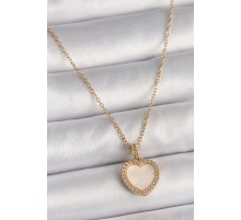 316L Çelik Gold Renk Zincir Zirkon Taşlı Beyaz Mineli Kalp Model Kadın Kolye - TJ-BKO9780