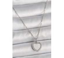 316L Çelik Gümüş Renk Zincir Zirkon Taşlı Beyaz Mineli Kalp Model Kadın Kolye - TJ-BKO9781