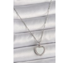 316L Çelik Gümüş Renk Zincir Zirkon Taşlı Beyaz Mineli Kalp Model Kadın Kolye - TJ-BKO9781