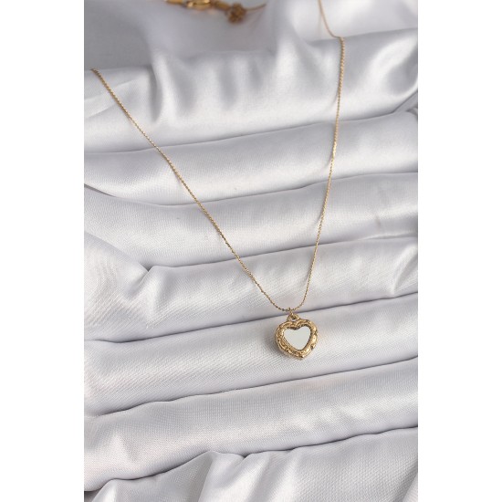 316L Çelik Gold Renk Zincir Aynalı Kalp Model Kadın Kolye - TJ-BKO9784