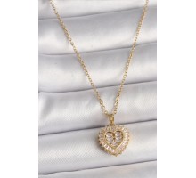 316L Çelik Gold Renk Zincir Zirkon Taşlı Kalp Model Kadın Kolye - TJ-BKO9786