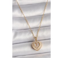 316L Çelik Gold Renk Zincir Zirkon Taşlı Kalp Model Kadın Kolye - TJ-BKO9786