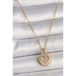 316L Çelik Gold Renk Zincir Zirkon Taşlı Kalp Model Kadın Kolye TJ-BKO9786