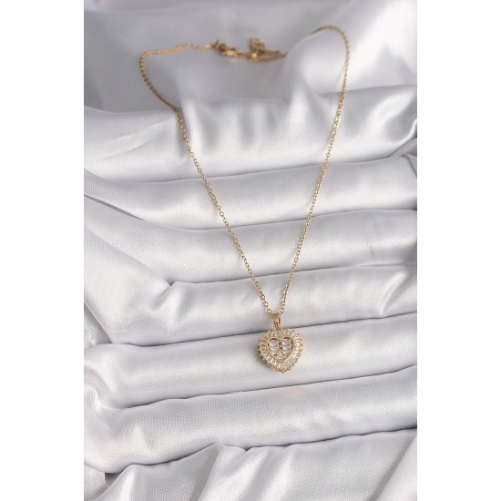 316L Çelik Gold Renk Zincir Zirkon Taşlı Kalp Model Kadın Kolye - TJ-BKO9786