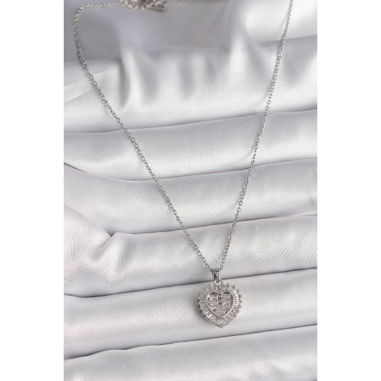 316L Çelik Gümüş Renk Zincir Zirkon Taşlı Kalp Model Kadın Kolye - TJ-BKO9787