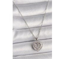 316L Çelik Gümüş Renk Zincir Zirkon Taşlı Kalp Model Kadın Kolye - TJ-BKO9787