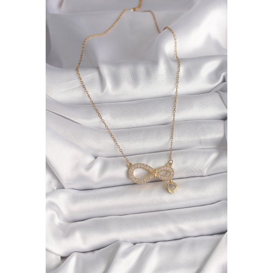316L Çelik Gold Renk Zincir Zirkon Taşlı Sonsuzluk Model Sallantı Taşlı Kalp Detay Kadın Kolye - TJ-BKO9800