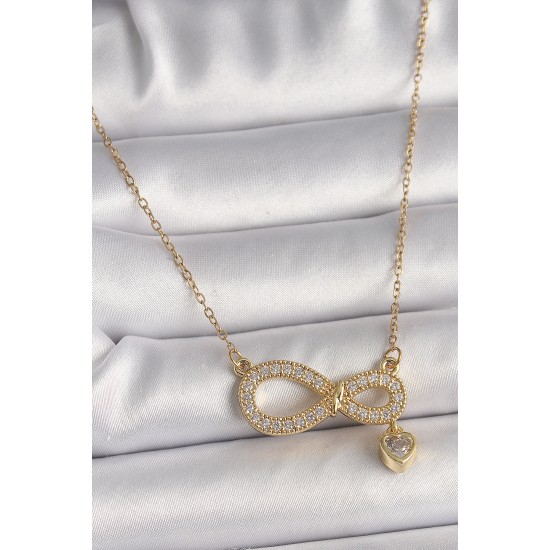 316L Çelik Gold Renk Zincir Zirkon Taşlı Sonsuzluk Model Sallantı Taşlı Kalp Detay Kadın Kolye - TJ-BKO9800