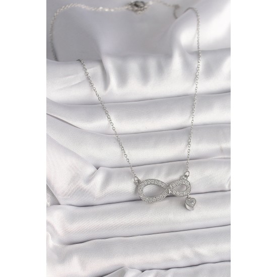 316L Çelik Gümüş Renk Zincir Zirkon Taşlı Sonsuzluk Model Taşlı Kalp Detay Kadın Kolye - TJ-BKO9801