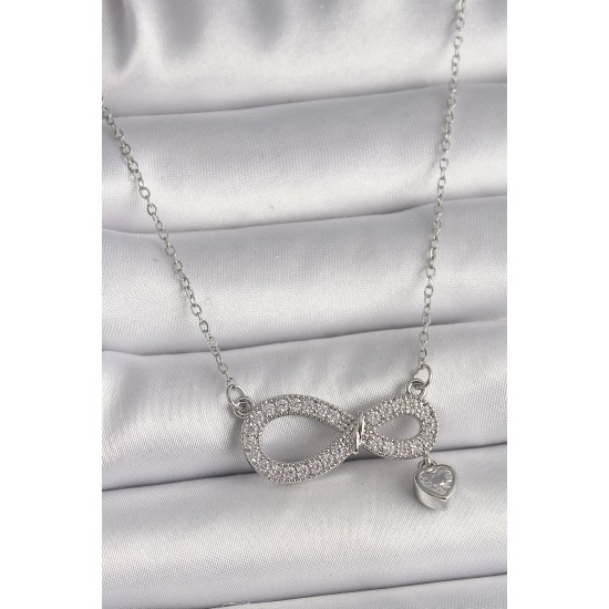 316L Çelik Gümüş Renk Zincir Zirkon Taşlı Sonsuzluk Model Taşlı Kalp Detay Kadın Kolye - TJ-BKO9801