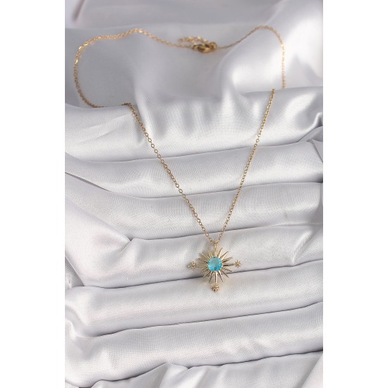 316L Çelik Gold Renk Zincir Mavi Taş Detaylı Kuzey Yıldız Model Kadın Kolye - TJ-BKO9806