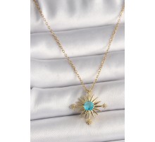 316L Çelik Gold Renk Zincir Mavi Taş Detaylı Kuzey Yıldız Model Kadın Kolye - TJ-BKO9806