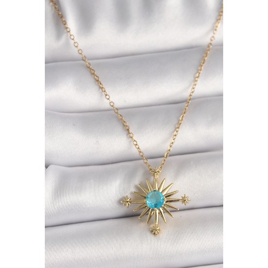 316L Çelik Gold Renk Zincir Mavi Taş Detaylı Kuzey Yıldız Model Kadın Kolye - TJ-BKO9806