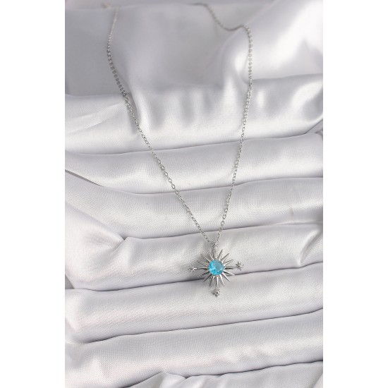 316L Çelik Gümüş Renk Zincir Mavi Taş Detaylı Kuzey Yıldızı Model Kadın Kolye - TJ-BKO9807