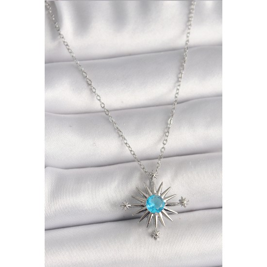 316L Çelik Gümüş Renk Zincir Mavi Taş Detaylı Kuzey Yıldızı Model Kadın Kolye - TJ-BKO9807