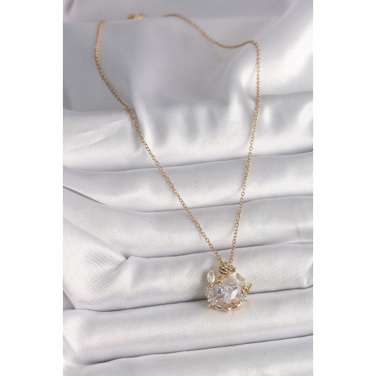 316L Çelik Gold Renk Zincir Zirkon Taşlı Kalp Model Gül Detay Kadın Kolye - TJ-BKO9808