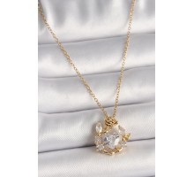 316L Çelik Gold Renk Zincir Zirkon Taşlı Kalp Model Gül Detay Kadın Kolye - TJ-BKO9808