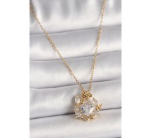 316L Çelik Gold Renk Zincir Zirkon Taşlı Kalp Model Gül Detay Kadın Kolye - TJ-BKO9808