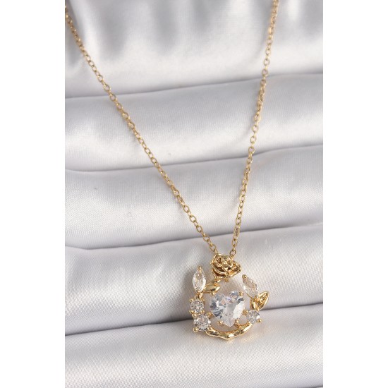 316L Çelik Gold Renk Zincir Zirkon Taşlı Kalp Model Gül Detay Kadın Kolye - TJ-BKO9808