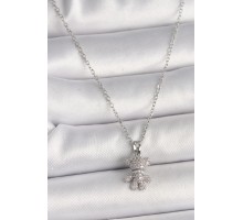 316L Çelik Gümüş Renk Zincir Zirkon Taşlı Ayıcık Figür Kadın Kolye - TJ-BKO9811