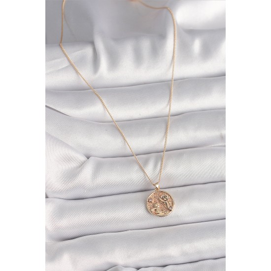 Pirinç Gold Renk Zirkon Taş Detaylı Gül İşleme Madalyon Model Kadın Kolye - TJ-BKO9816