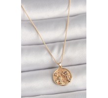Pirinç Gold Renk Zirkon Taş Detaylı Gül İşleme Madalyon Model Kadın Kolye - TJ-BKO9816