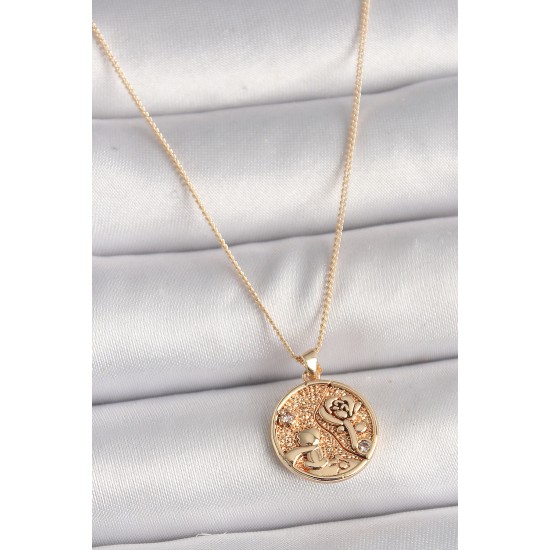 Pirinç Gold Renk Zirkon Taş Detaylı Gül İşleme Madalyon Model Kadın Kolye - TJ-BKO9816