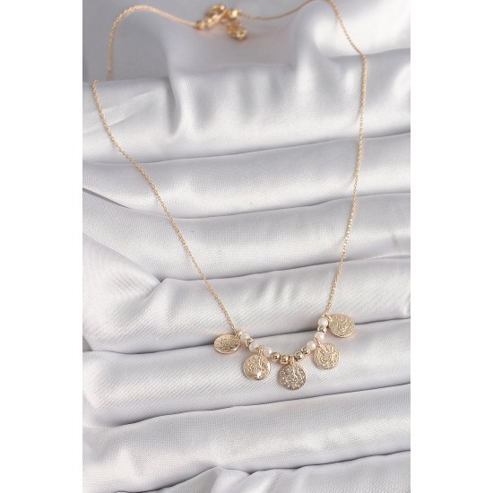 Pirinç Gold Renk 5'Li Osmanlı Tuğra Figür İnci Detay Kadın Kolye - TJ-BKO9825