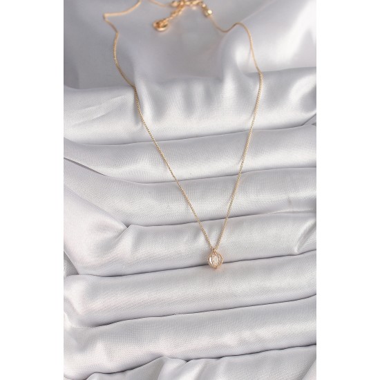 Pirinç Gold Renk Zirkon Taşlı Daire Kafes Model Kadın Kolye - TJ-BKO9828
