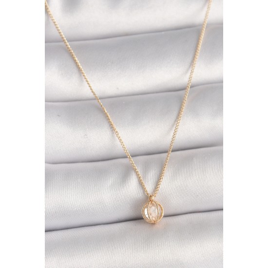 Pirinç Gold Renk Zirkon Taşlı Daire Kafes Model Kadın Kolye - TJ-BKO9828