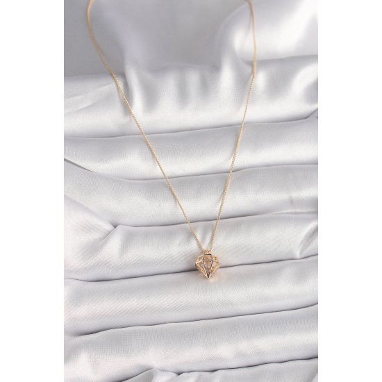 Pirinç Gold Renk 3D Zirkon Taşlı Elmas Model Kadın Kolye - TJ-BKO9829