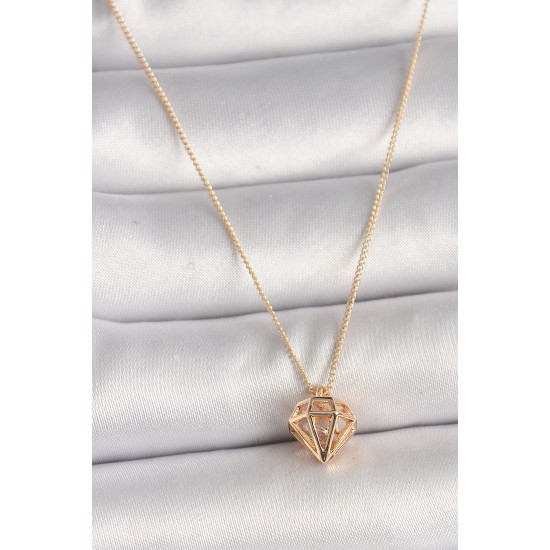 Pirinç Gold Renk 3D Zirkon Taşlı Elmas Model Kadın Kolye - TJ-BKO9829