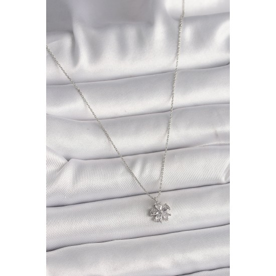 Pirinç Gümüş Renk Zirkon Taşlı Çiçek Model Kadın Kolye - TJ-BKO9833