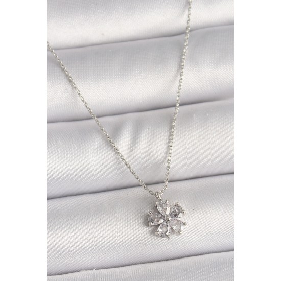 Pirinç Gümüş Renk Zirkon Taşlı Çiçek Model Kadın Kolye - TJ-BKO9833