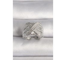 Pirinç Gümüş Renk Ayarlanabilir Zirkon Taşlı X Model Kadın Yüzük - TJ-BYK3582