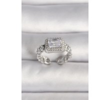 Pirinç Gümüş Renk Ayarlanabilir Zincir Kare Zirkon Taşlı Kadın Yüzük - TJ-BYK3583