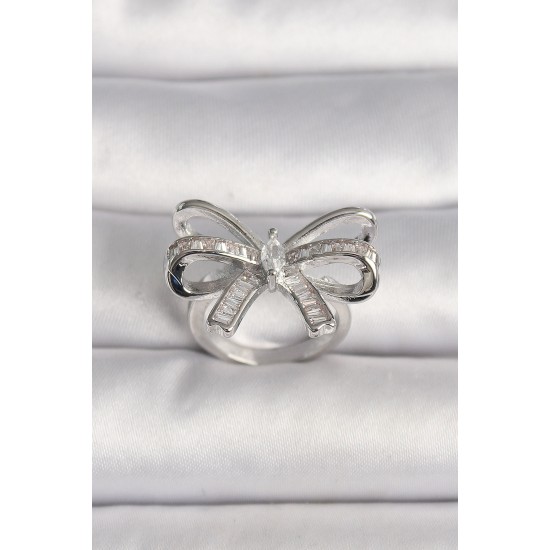 Pirinç Gümüş Renk Ayarlanabilir Zirkon Taşlı Kurdele Model Kadın Yüzük - TJ-BYK3585